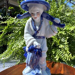 Unique Vintage Seizan Chinese Fisherman Lady Porcelain Figurine, 9.25" Tall